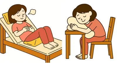 枕やクッションを抱えて胸を広げることで、呼吸がラクに